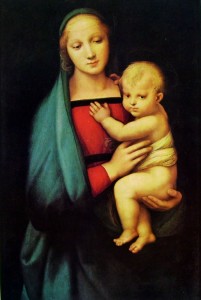Raffaello: “MADONNA COL BAMBINO (Madonna del granduca)” realizzato con tecnica ad olio su tavola nel 1504, misura 84 x 55 cm. ed è custodito a Firenze, Palazzo Pitti. È catalogato con il numero 33.